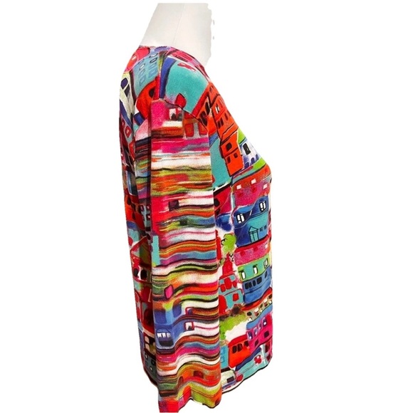 Chico’s Artsy Abstract Colorful Print Stretch Pullover Top Sz L Statement Piece - Picture 3 of 8